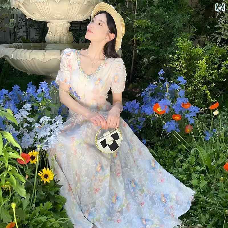 レディース ファッション 春夏 秋冬 オシャレ かわいい 韓国 サマードレスロングスカートウエスト 夏半袖 フランスストラップドレス