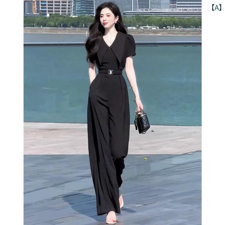 レディース ファッション 春夏 秋冬 オシャレ かわいい 韓国 通勤 半袖 ジャンプスーツ 女性 夏 ウエストワイドレッグジャンプスーツ 婦人服(4.0)