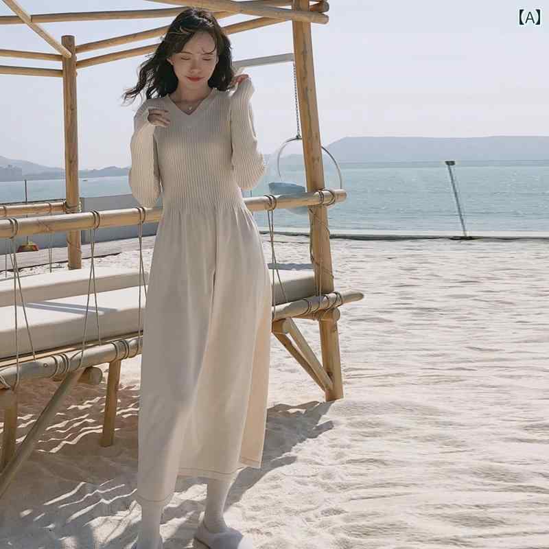 レディース ファッション 春夏 秋冬 オシャレ かわいい 韓国 ニットドレス 女性用 インナー ウエスト スリムフィット ミディアム ロングレーヤリング セーター スカート(4)