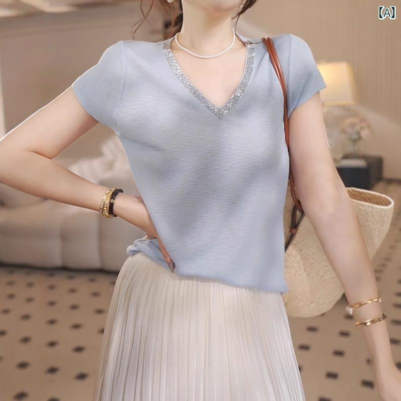 レディース ファッション 春夏 秋冬 オシャレ かわいい 韓国 光沢 ブルー 半袖 セーター 女性用 夏大きいサイズスリムトップス