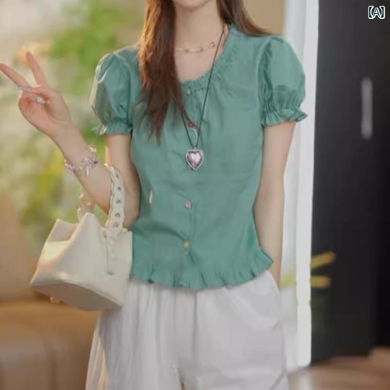 樂天商城 - レディース ファッション 春夏 秋冬 オシャレ かわいい 韓国 大きいサイズ 半袖 夏 スリムフィット バブルスリーブトップ