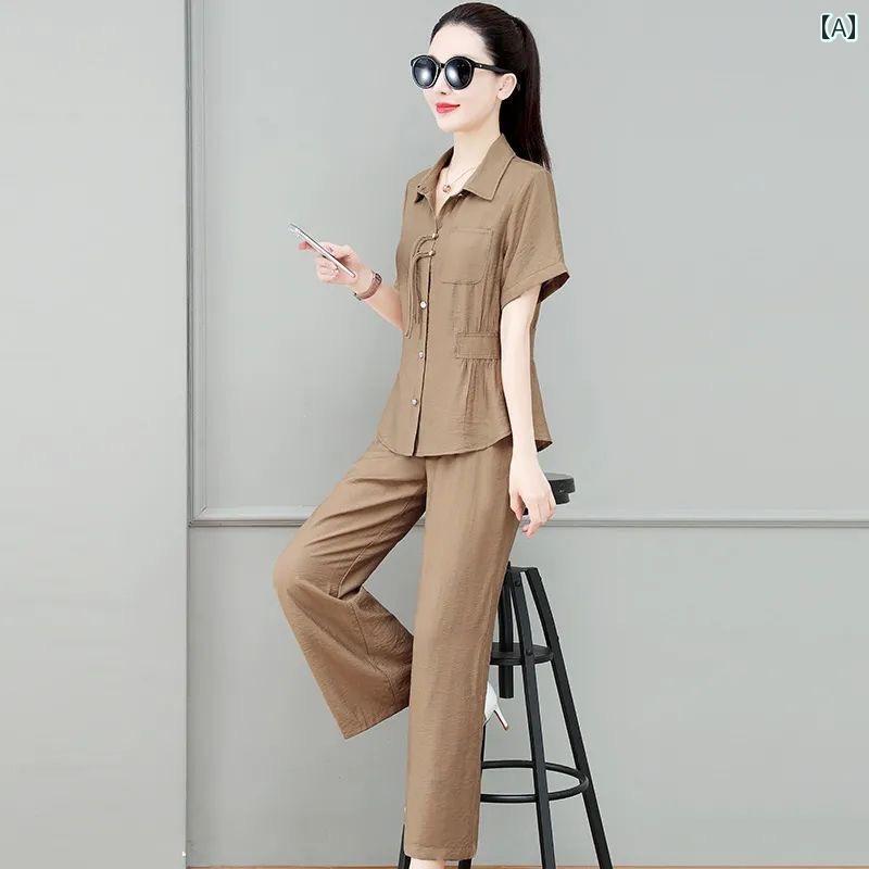 Uniform, Working Clothes - レディース ファッション 春夏 秋冬 オシャレ かわいい 韓国 夏服冷 コットンリネンスーツウエスタン トップス サイズワイドレッグパンツカジュアルツーピーススーツ