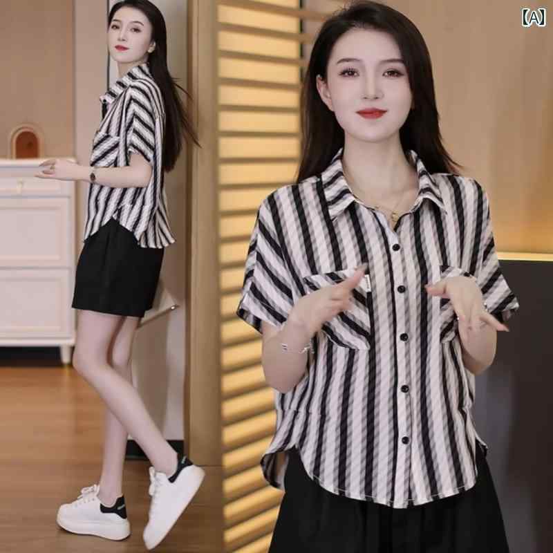 樂天商城 - レディース ファッション 春夏 秋冬 オシャレ かわいい 韓国 夏 ストライプ スリムスタイリッシュ カジュアル 半袖 トップス