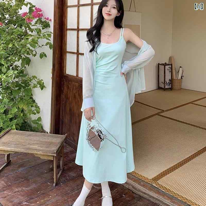 Rakuten - レディース ファッション 春夏 秋冬 オシャレ かわいい 韓国 夏小 フレッシュ 緑 スリングウエストスリミングドレス 日焼 防止 ツーピーススーツ