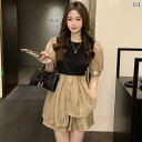 レディース ファッション 春夏 秋冬 オシャレ かわいい 韓国 大きいサイズ 夏 カバー 薄 フェイクツーピースバブル 半袖 ブラウン 色 カジュアルワイドレッグショートパンツスーツ