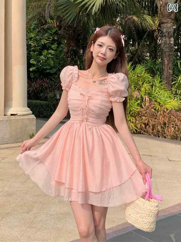 Rakuten - レディース ファッション 春夏 秋冬 オシャレ かわいい 韓国 蝶 フェアリー 柄 スリムプリンセスドレス 夏 ショート フェアリーシフォンドレス