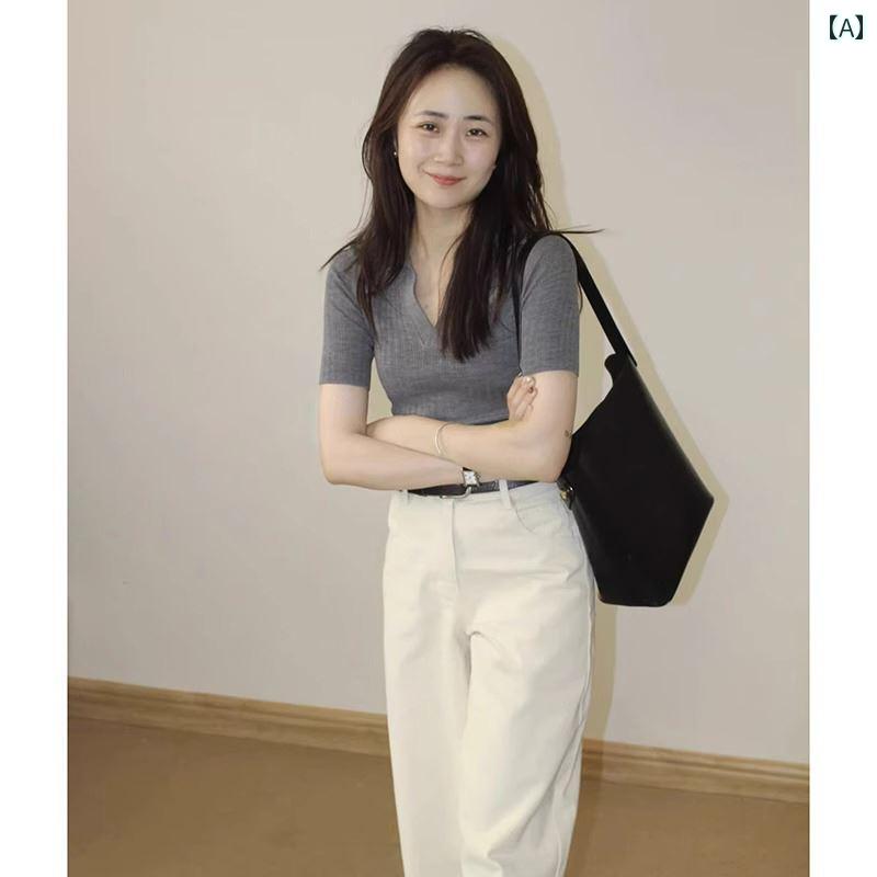 レディース ファッション 春夏 秋冬 オシャレ かわいい 韓国 夏 冷感 ニット セーター 半袖 T シャツ 女性用 薄手 高級 スリムトップス