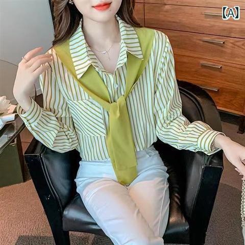 Rakuten - レディース ファッション 春夏 秋冬 オシャレ かわいい 韓国 服縦縞 長袖春　秋 トップスフェイクツーピースシック