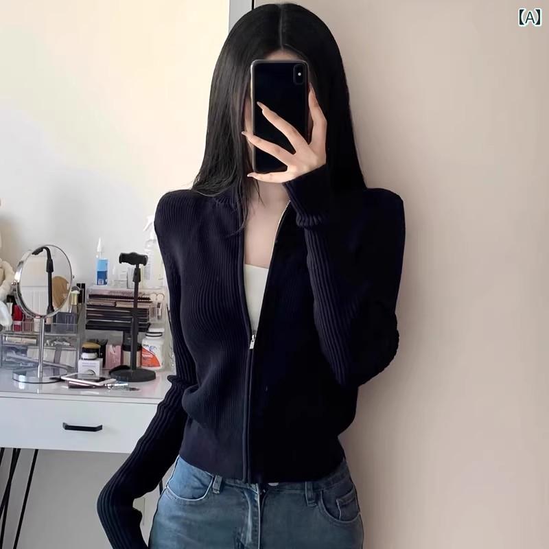 レディース ファッション 春夏 秋冬 オシャレ かわいい 韓国 スタンドカラーニットカーディガン 春着高級 ジッパー セーター ジャケット