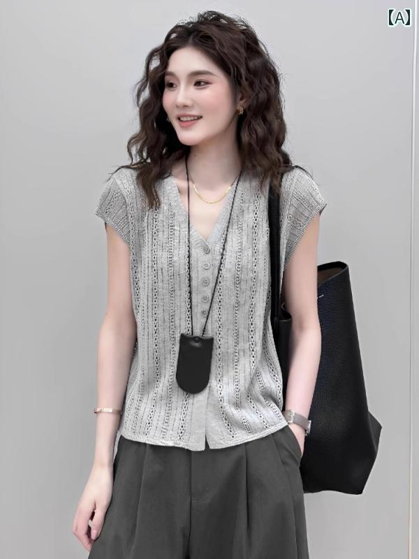 Nylon, Rayon, Polyester - レディース ファッション 春夏 秋冬 オシャレ かわいい 韓国 高級冷半袖 ニットカーディガン 夏 薄手 トップス