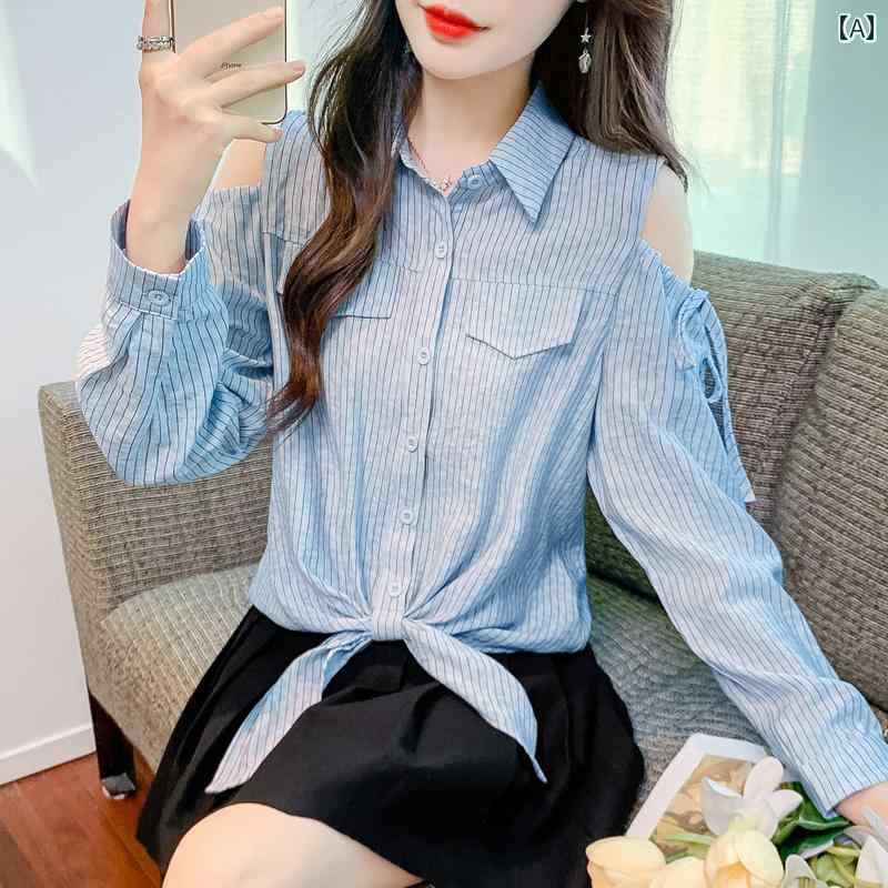 Rakuten - レディース ファッション 春夏 秋冬 オシャレ かわいい 韓国 長袖 シフォン 春 ヘムノットオフショルダートップス