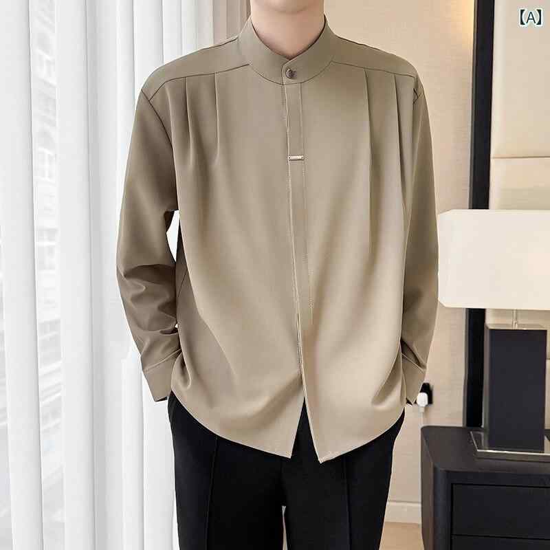 メンズ ファッション 春夏 秋冬 かっこいい オシャレ モテ 男性用 紳士服 服 韓国 シンプル 大人 長袖 シャツメンズ ハイエンドメンズトップスヘンリーカラーカジュアルシャツ