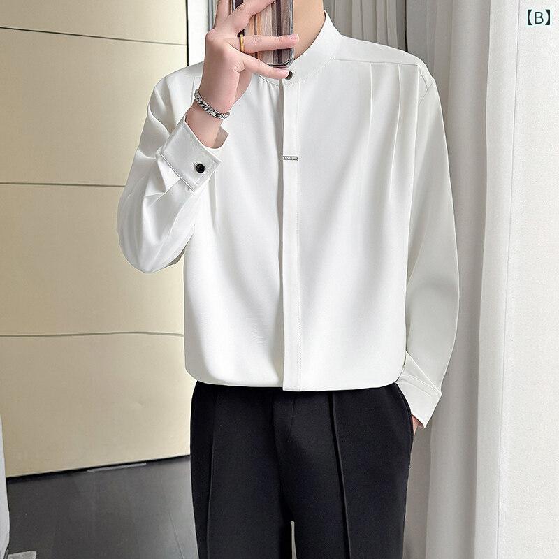 メンズ ファッション 春夏 秋冬 かっこいい オシャレ モテ 男性用 紳士服 服 韓国 シンプル 大人 長袖 シャツメンズ ハイエンドメンズトップスヘンリーカラーカジュアルシャツ 2