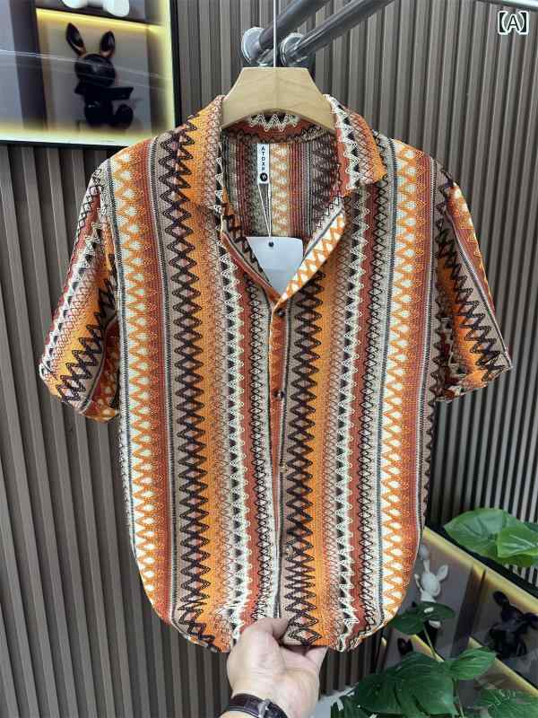 メンズ ファッション 春夏 秋冬 かっこいい オシャレ モテ 男性用 紳士服 服 韓国 シンプル 大人 エスニックジャカードシャツメンズボヘミアンホリデー 半袖 キューバカラーシャツ