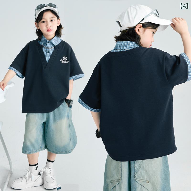 春　夏　秋　冬　キッズ　子供　ベビー　赤ちゃん　ファッション　おしゃれ　かわいい　かっこいい　男　女　韓国 男子 夏用 半袖 T シャツ 夏用 フェイク トップス M サイズ L サイズ 子供用 男子用 夏用 薄手 T シャツ
