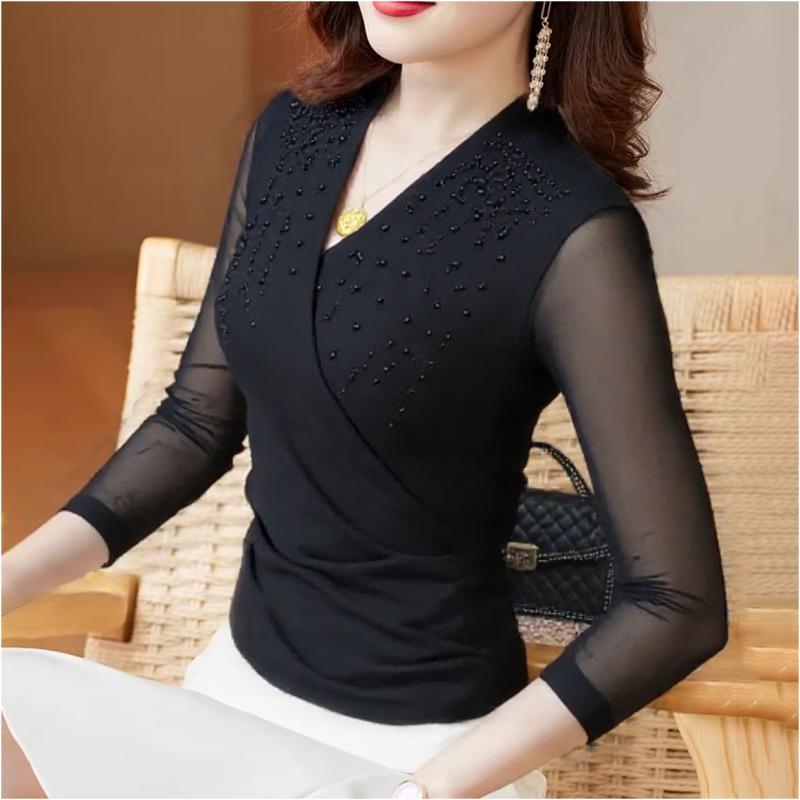 レディース ファッション 春夏 秋冬 オシャレ かわいい 韓国 メッシュ 大きいサイズ 無地 クロスカラートップス 春長袖 ビーズスリムレイヤリング