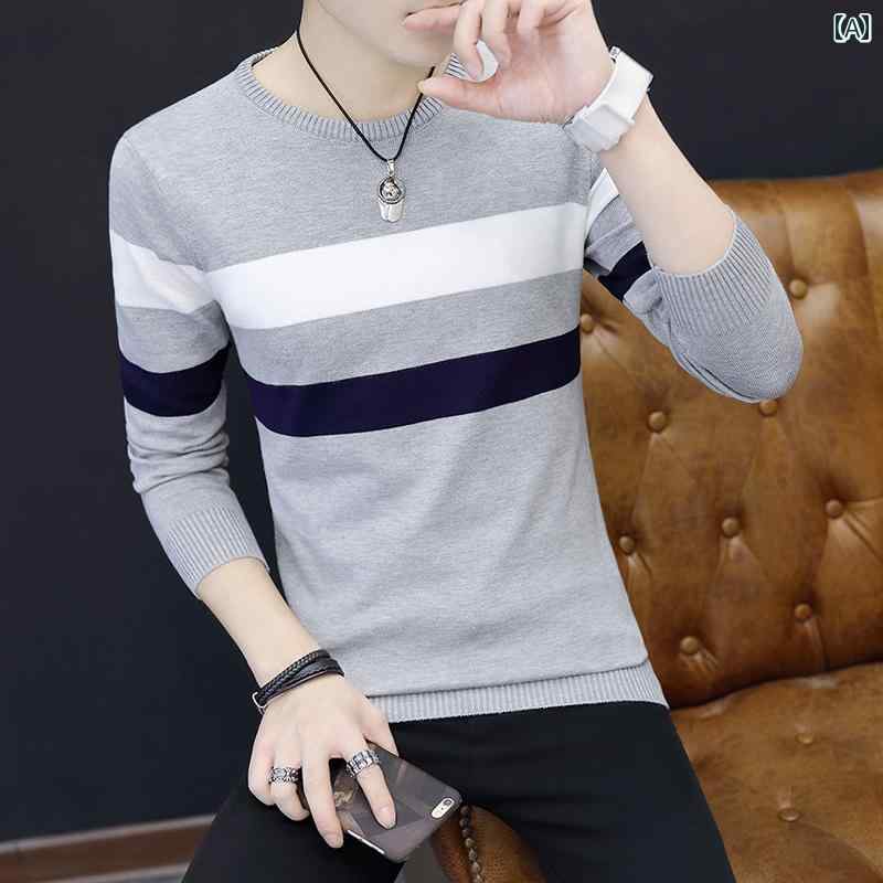 Knit Sweater - メンズ ファッション 春夏 秋冬 かっこいい オシャレ モテ 男性用 紳士服 服 韓国 シンプル 大人 ティーンエイジャー ラウンドネック セーター スリム ストライプ ウール 服 薄手 セーター