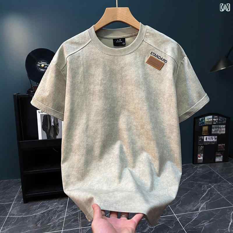 メンズ ファッション 春夏 秋冬 かっこいい オシャレ モテ 男性用 紳士服 服 韓国 シンプル 大人 夏 文字 半袖 ドロップ ショルダー タイダイ柄 プル ラウンドネック ハーフスリーブ