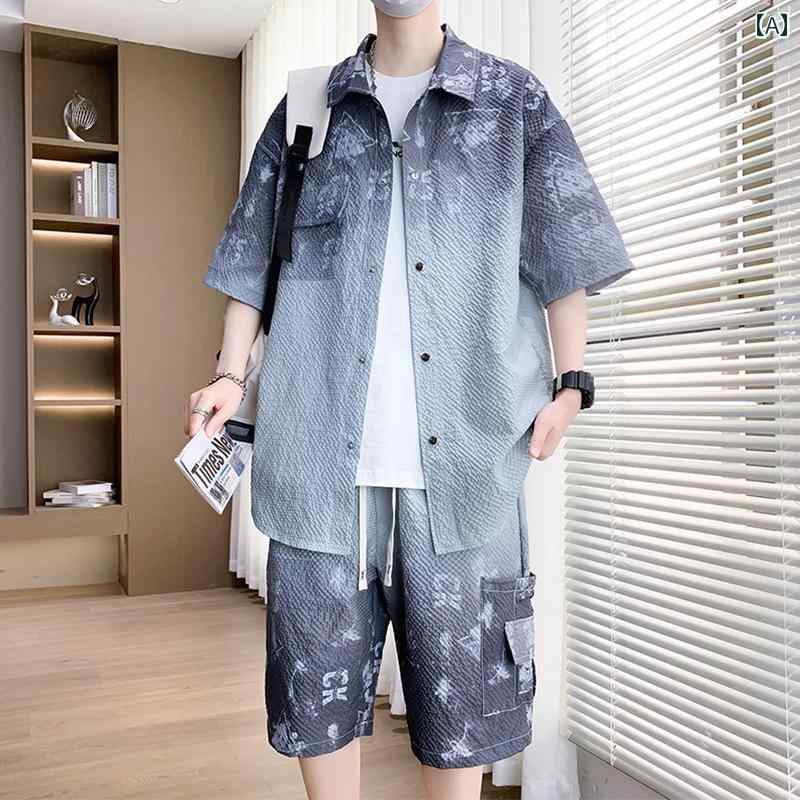 Rakuten - メンズ ファッション 春夏 秋冬 かっこいい オシャレ モテ 男性用 紳士服 服 韓国 シンプル 大人 半袖 シャツ メンズスーツ グラデーションプリント シャツ レジャー スポーツ ツーピース スーツ