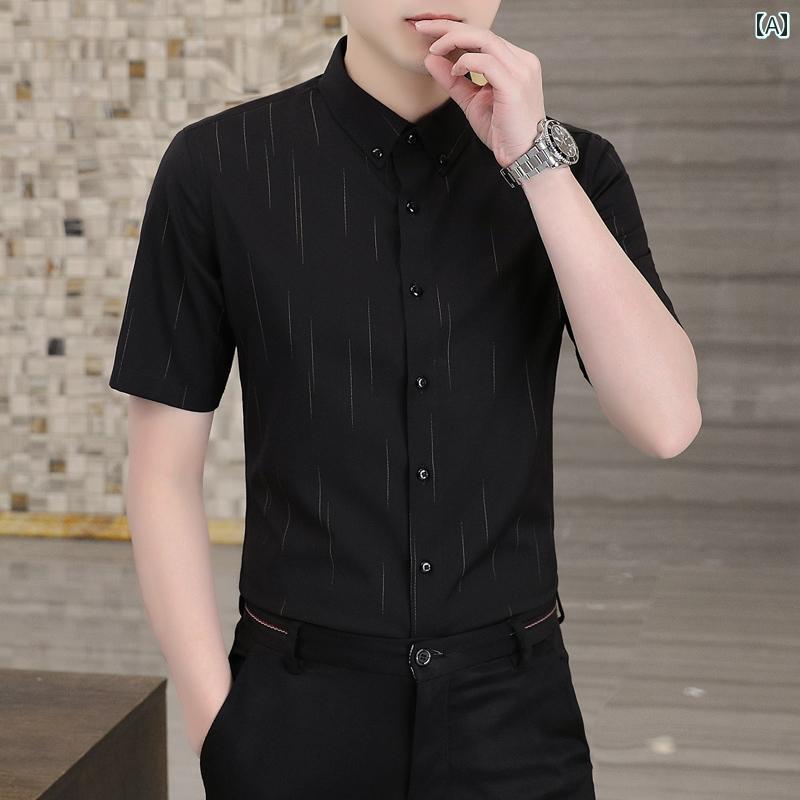 メンズ ファッション 春夏 秋冬 かっこいい オシャレ モテ 男性用 紳士服 服 韓国 シンプル 大人 冷感 半袖 シャツ ビジネス 高級 シャツ シワ 防止 アイロン ストライプ