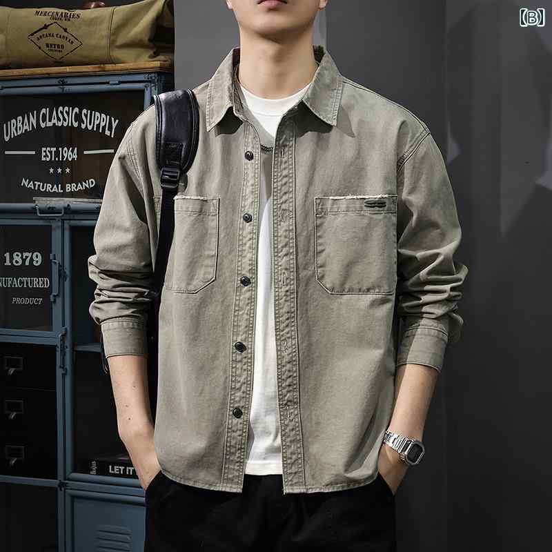 メンズ ファッション 春夏 秋冬 かっこいい オシャレ モテ 男性用 紳士服 服 韓国 シンプル 大人 アメリカン レトロ ワークウェア 長袖 シャツ 綿 シャツ カジュアル ジャケット