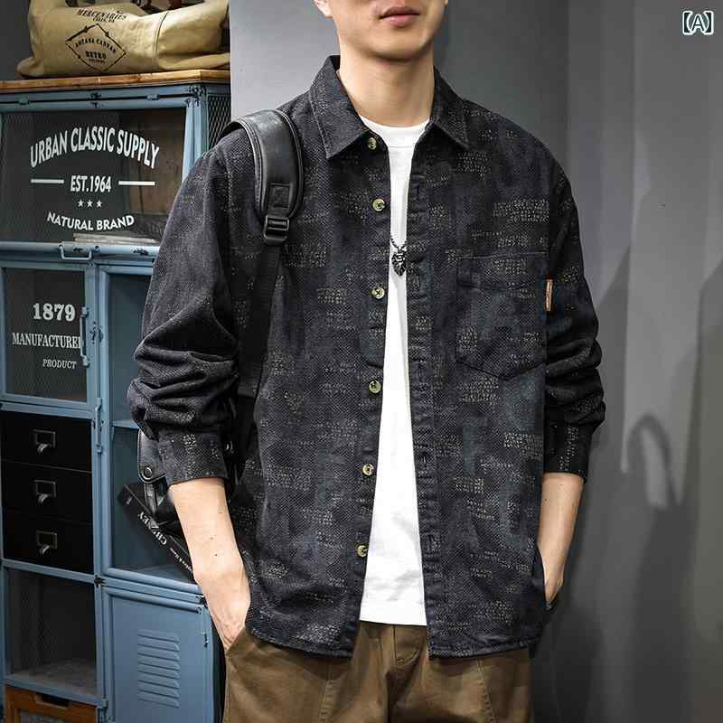 メンズ ファッション 春夏 秋冬 かっこいい オシャレ モテ 男性用 紳士服 服 韓国 シンプル 大人 プリント 長袖 シャツ アメリカン レトロ シャツ ウォッシュド カジュアル ジャケット
