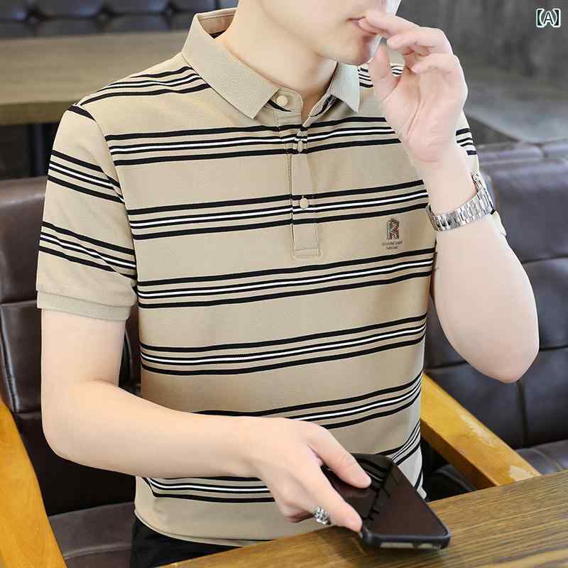 メンズ ファッション 春夏 秋冬 かっこいい オシャレ モテ 男性用 紳士服 服 韓国 シンプル 大人 高級 ポロシャツ 軽量 大人っぽい レトロ スリムフィット ストライプ半袖 T シャツ 通勤 半袖