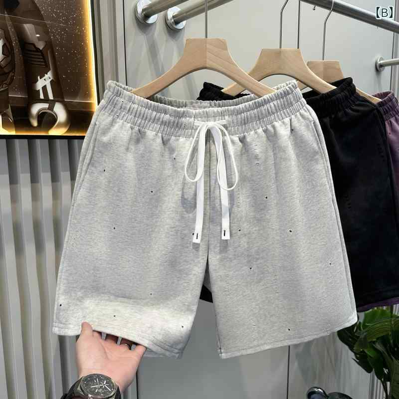 メンズ ファッション 春夏 秋冬 かっこいい オシャレ モテ 男性用 紳士服 服 韓国 シンプル 大人 ヘビー コットン ブレンド ウォッシュ 加工 リップド ショーツ 夏用 伸縮性 ウエスト ショーツ