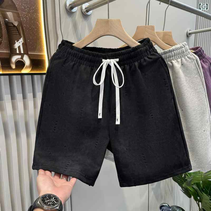 メンズ ファッション 春夏 秋冬 かっこいい オシャレ モテ 男性用 紳士服 服 韓国 シンプル 大人 ヘビー コットン ブレンド ウォッシュ 加工 リップド ショーツ 夏用 伸縮性 ウエスト ショーツ
