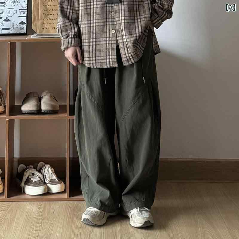 メンズ ファッション 春夏 秋冬 かっこいい オシャレ モテ 男性用 紳士服 服 韓国 シンプル 大人 レトロ 無地 オーバー オール ワイド レッグ 快適 伸縮性 ウエスト カジュアル ロング パンツ