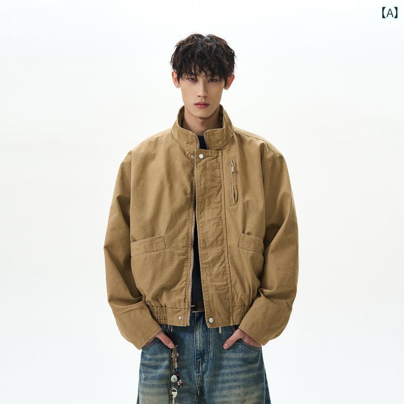 乐天商城 - メンズ ファッション 春夏 秋冬 かっこいい オシャレ モテ 男性用 紳士服 服 韓国 シンプル 大人 アメリカン レトロ ボンバー スタンドカラー パイロット ジャケット 男女兼用 箱型 ショート バーン ワークジャケット