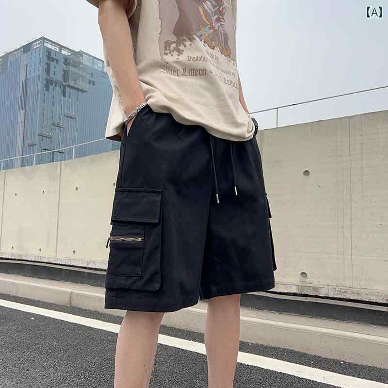 Short, Half Pants - メンズ ファッション 春夏 秋冬 かっこいい オシャレ モテ 男性用 紳士服 服 韓国 シンプル 大人 ビッグ ポケット カーゴ ショーツ 薄手 アメリカン ストリート ワイド レッグ ミディアム パンツ ワイン レッド カジュアル 大きい パンツ