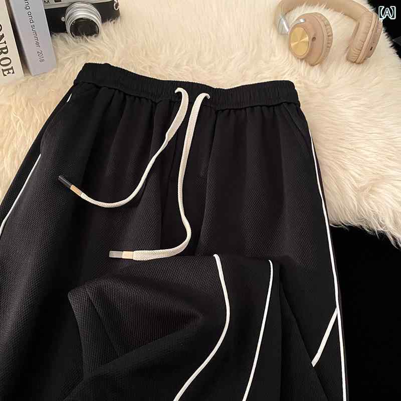 乐天商城 - メンズ ファッション 春夏 秋冬 かっこいい オシャレ モテ 男性用 紳士服 服 韓国 シンプル 大人 男子ワッフル ストライプパンツ大きめ サイズ スポーツ スウェットパンツ アメリカン レトロ ストレート ロング パンツ