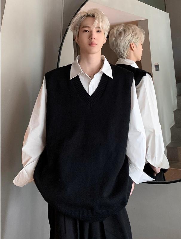 メンズ ファッション 春夏 秋 冬 かっこいい オシャレ モテ 男性用 紳士服 服 韓国 シンプル 大人 黒 Vネック セーター ベスト カレッジ ニット ベストノースリーブ ウエスト コート