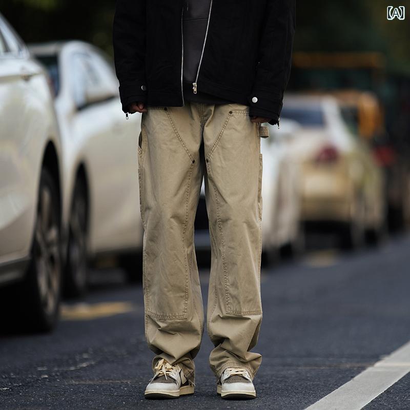 メンズ ファッション 春夏 秋冬 かっこいい オシャレ モテ 男性用 紳士服 服 韓国 シンプル 大人 カーキ色 オーバー オール 厚手 アメリカン ストリート ロギング パンツ カジュアル ワイド レッグ ストレート ロング パンツ