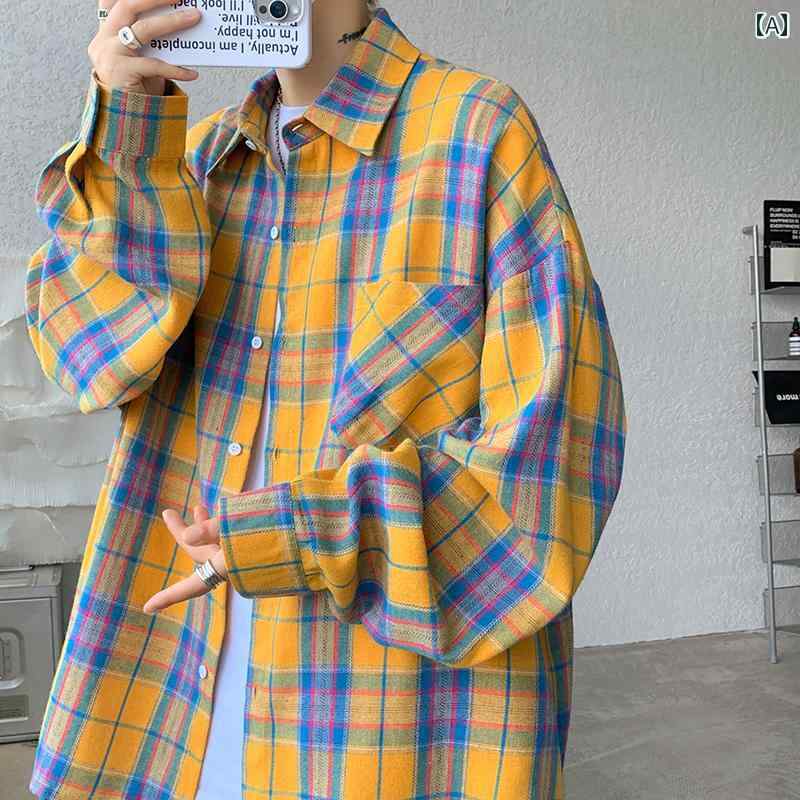 Rakuten - メンズ ファッション 春夏 秋冬 かっこいい オシャレ モテ 男性用 紳士服 服 韓国 シンプル 大人 イエロー チェック柄 長袖 シャツ アメリカン レトロ 高級感 大きいサイズ カジュアル シャツ ジャケット