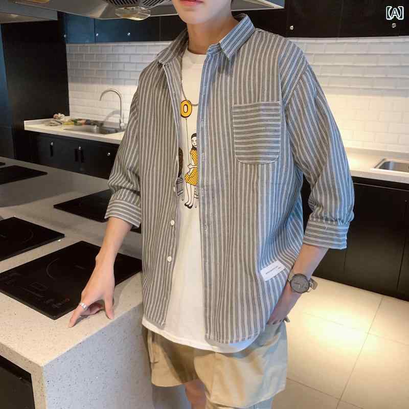 メンズ ファッション 春夏 秋冬 かっこいい オシャレ モテ 男性用 紳士服 服 韓国 シンプル 大人 ストライプシャツ 半袖 シャツ カジュアル 軽やか 大人 トップス ジャケット