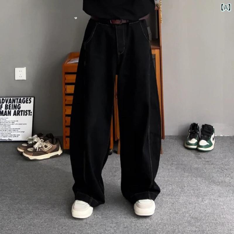 Pants - メンズ ファッション 春夏 秋冬 かっこいい オシャレ モテ 男性用 紳士服 服 韓国 シンプル 大人 ブラックデニム カラー バギー ジーンズ スリム ワイド レッグ トラウザー ズ アメリカン シルエット マチェーテ パンツ