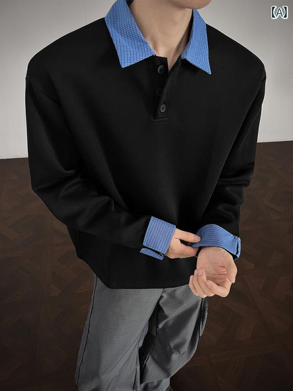 メンズ ファッション 春夏 秋冬 かっこいい オシャレ モテ 男性用 紳士服 服 韓国 シンプル 大人 ブラック フェイク ツーピース ポロシャツ 長袖 T シャツ クリーン フィット アメリカン ストレート ショルダー スウェットシャツ インナーシャツ