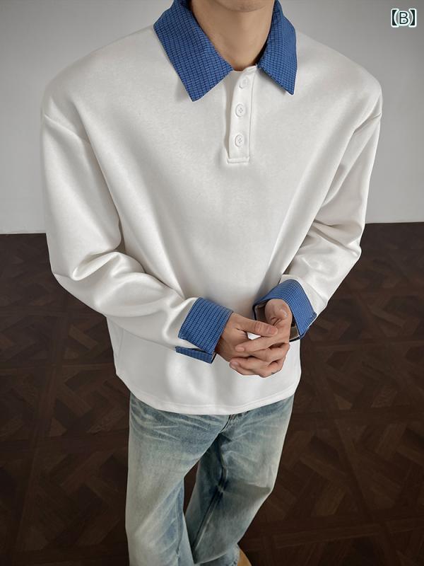 メンズ ファッション 春夏 秋冬 かっこいい オシャレ モテ 男性用 紳士服 服 韓国 シンプル 大人 ブラック フェイク ツーピース ポロシャツ 長袖 T シャツ クリーン フィット アメリカン ストレート ショルダー スウェットシャツ インナーシャツ