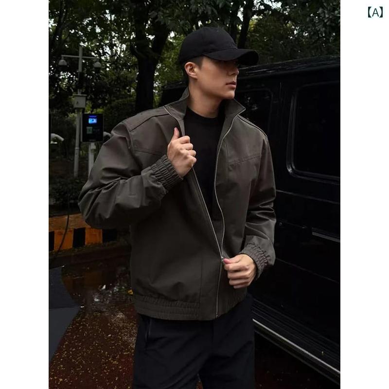 Rakuten - メンズ ファッション 春夏 秋冬 かっこいい オシャレ モテ 男性用 紳士服 服 韓国 シンプル 大人 ウルフ グレー アメリカン ボンバー ジャケット ヘビー スティッフ スタンドカラー ストレート ショルダー ジャケット ショート スリープ ルーフ ジャケット