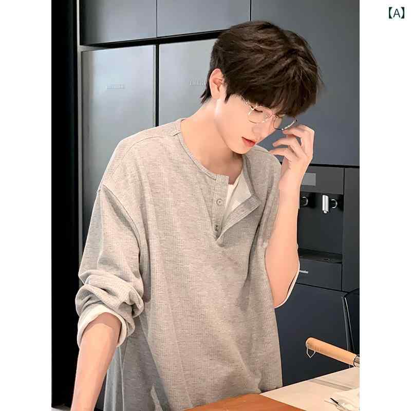 Rakuten - メンズ ファッション 春夏 秋冬 かっこいい オシャレ モテ 男性用 紳士服 服 韓国 シンプル 大人 グレー フェイク ツーピース 長袖 ヘンリー カラー T シャツ ワッフル スウェットシャツ アメリカン スポーツ インナーレイヤリング シャツ