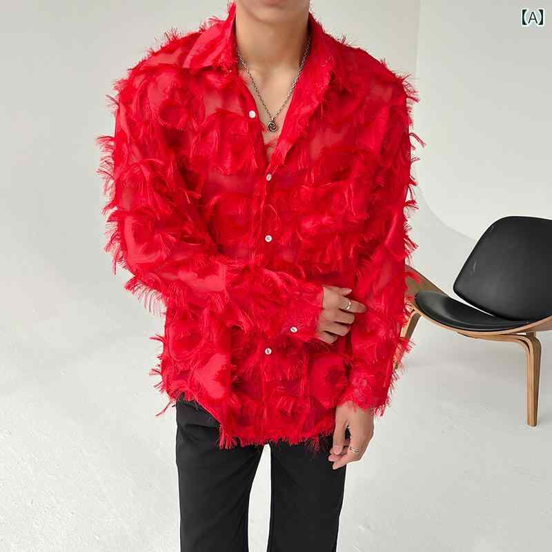 メンズ ファッション 春夏 秋冬 かっこいい オシャレ モテ 男性用 紳士服 服 韓国 シンプル 大人 ピーチ ハート ヘア ひげ ヘア エッジ シャツ クール タッセル シャツ パフォーマンス コスチューム