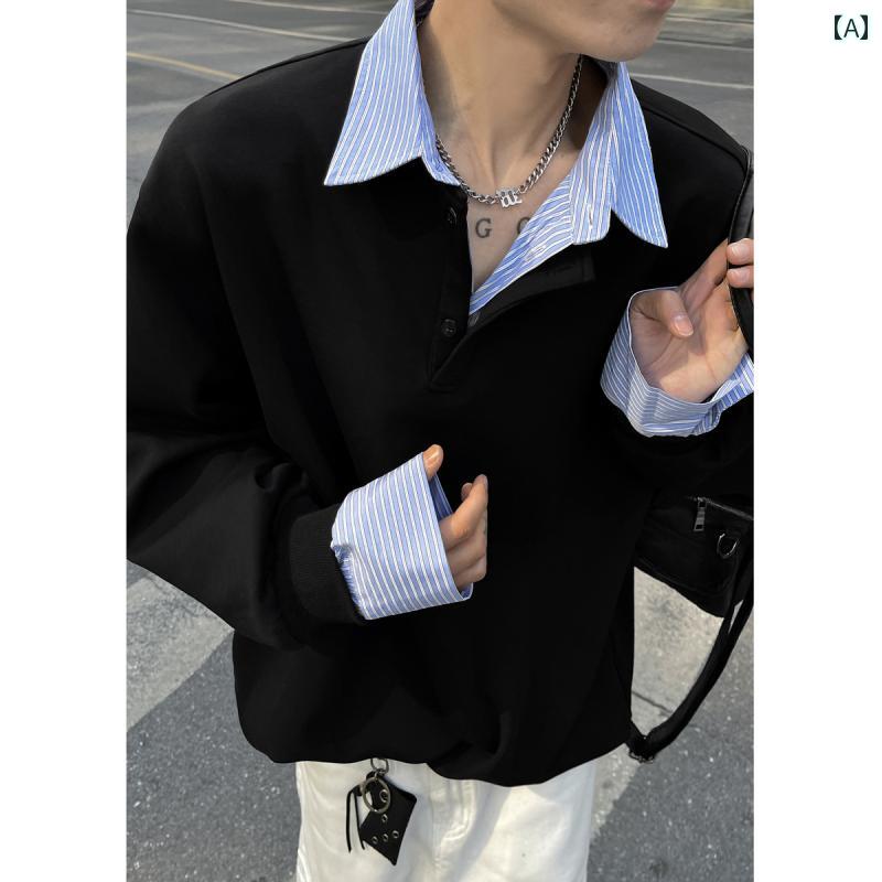 Rakuten - メンズ ファッション 春夏 秋冬 かっこいい オシャレ モテ 男性用 紳士服 服 韓国 シンプル 大人 高級 長袖 T シャツ フェイク ツーピース シャツ カラー カジュアル トップス