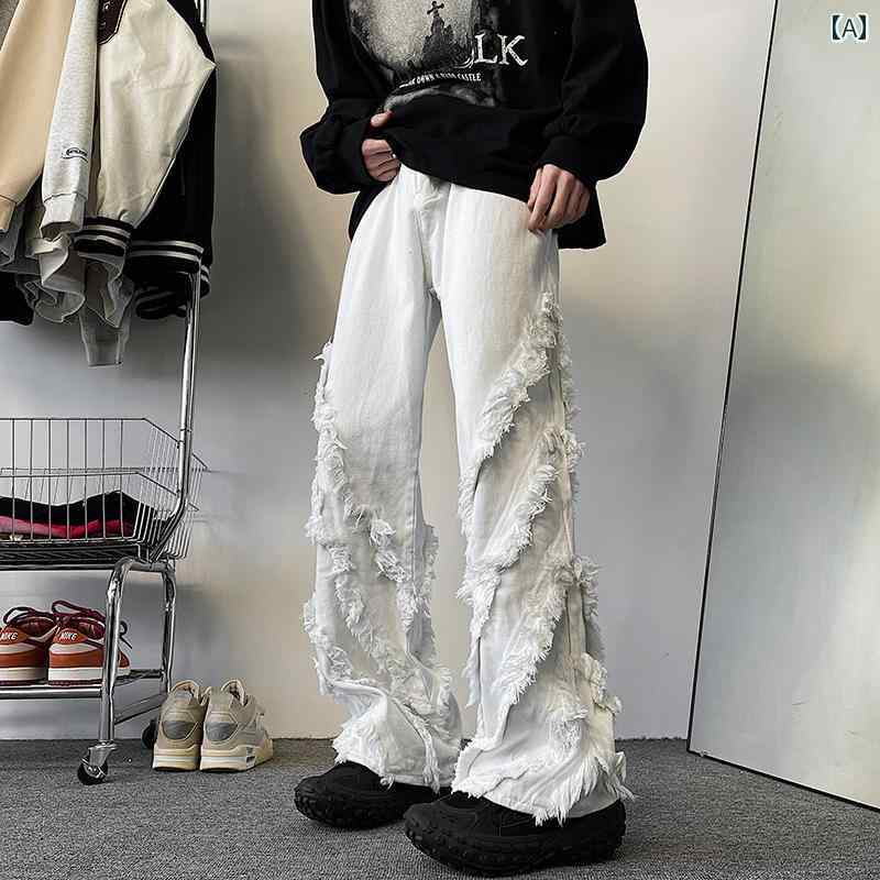乐天商城 - メンズ ファッション 春夏 秋冬 かっこいい オシャレ モテ 男性用 紳士服 服 韓国 シンプル 大人 ストリートの 破壊 ロー エッジ タッセル ジーンズ メンズ レディース用 アメリカン レトロ スリミング ワイド レッグ フレアパンツ