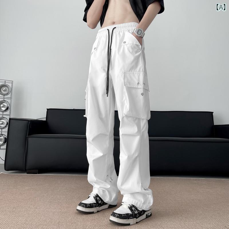 メンズ ファッション 春夏 秋冬 かっこいい オシャレ モテ 男性用 紳士服 服 韓国 シンプル 大人 ヒップ ホップ アメリカン ヒップ ホップ オーバー オール メンズ 春 ゆったり ワイド レッグ パンツ 薄手 ホワイト スポーツ カジュアル パンツ