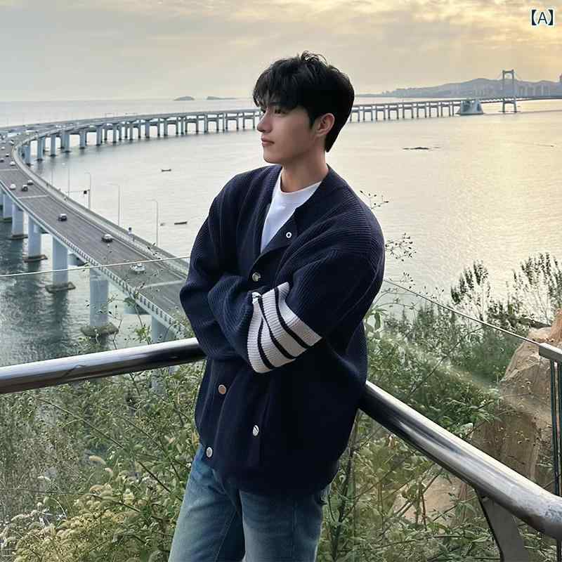 メンズ ファッション 春夏 秋冬 かっこいい オシャレ モテ 男性用 紳士服 服 韓国 シンプル 大人 ブルー カーディガン セーター アメリカンバー ニット セーター ハイエンド ジャケット