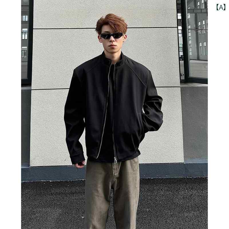 乐天商城 - メンズ ファッション 春夏 秋冬 かっこいい オシャレ モテ 男性用 紳士服 服 韓国 シンプル 大人 クリーン フィット ブラック ショルダー ジャケット カジュアル ショート ワイド ショルダー スタンドカラー ジャケット ハイエンド 服
