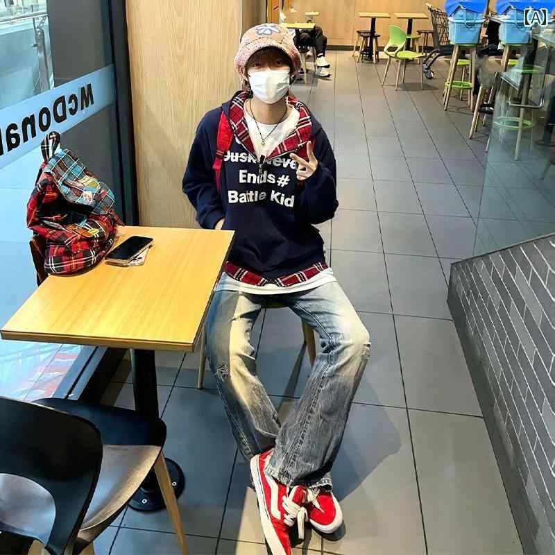 メンズ ファッション 春夏 秋冬 かっこいい オシャレ モテ 男性用 紳士服 服 韓国 シンプル 大人 チェック柄 スプライシング カーディガン スウェットシャツ アメリカン ストリート ヘビー パーカー オーバー サイズ フェイク ツーピース ジャケット