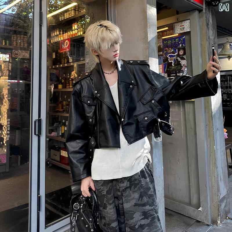 メンズ ファッション 春夏 秋冬 かっこいい オシャレ モテ 男性用 紳士服 服 韓国 シンプル 大人 ブラック ショート レザージャケット シルエット ショート ワイド スタッズ ワークジャケット クリーン フィット アメリカン ストリート モーター サイクル ジャケット